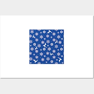 Christmas Reindeers Snowflakes Blue Posters and Art